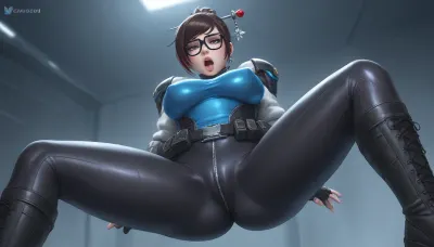 (mei from Overwatch, ahegao), solo, full lips, thick lips, huge chest circumference, slim, A figure-hugging, black tactical bodysuit made of stretchy, high-tech material with mesh panels on the sides for breathability and a hint of skin. The front zipper ends just below the sternum.
Tight, jet-black cargo leggings with strategically placed pockets and buckles. The fabrics are a combination of matte and shiny. Side cutouts with mesh fabric.
A wide utility belt with magnetic clips, mini weapon holsters, and a holographic interface.
Fingerless leather gloves with metal rivets.
A tactical shoulder plate on one side, worn asymmetrically, with neon blue LED accents.
High-cut, lace-up combat boots with hidden blades in the heel.
Sleekly tied-back braid. Undercut with neon highlights. Eyes accentuated with a dark smoky effect and metallic eyeliner. Lips in deep burgundy.
A compact plasma sword on the back, magnetically attached.
Smart glasses with target tracking and night vision.
Mini drone integrated into the belt., View from waist down, Sensual, erotic, exaggeratedly swollen pussy, extreme pussy cameltoe