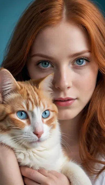 5000000010.268, Beautiful girl, a baiby with long red hair and azure blue eyes hugs a fluffy ginger cat with blue eyes. The photo is very realistic, there are no other objects or people in the plain background. The red hair and fur blend together. The colors are bright and attractive, the girl's face is clear and detailed, and the cat's fur looks soft and inviting. The angle of the shot is slightly tilted upward, allowing the couple to be captured together.