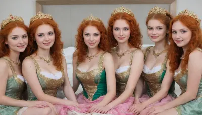 ((group of 7 Russian redhead beauties in national costume sitting on bed), , :2), (blonde girl behind her), (lace filigree of bright, rich color), . Super clear, highly detailed watercolor, glaze technique, plus colored alcohol ink, style of V. Vasnetsov, sucking dildo, Russian national costume, hug, (head over shoulder), touching boobs, touching pussy under skirt, spread legs, (braid), lesbians, m size boobs, (exposed breast), (different colorful dresses), (gems), (crown), (necklace)