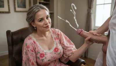 8K, UHD, hyper-photorealistic, fully clothed grandmother sitting on a chair. 90years old. floral summerdress, big saggy boobs hanging out of dress. decolleté is full of cum. cum_on_boobs, (facial), (cumshot), (handjob), (cfnm), . sun is shining into the room