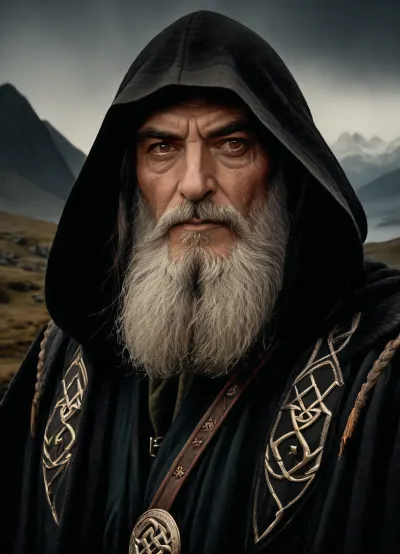 A wise old man, the Norse god Odin, wearing a green hooded cloak, with a thick beard and piercing eyes, (one eye hidden by a black patch:1.6), holds a carved staff. Two realistic black ravens with open beaks sit on his shoulders. The old man is set against a backdrop of wide, open mountainous and marshy terrain with ponds and snow-capped mountains on the horizon. Next to him is a huge stone carved with the, (rune Ansuz:1.7), . Digital painting, fantasy art inspired by Norse mythology. Dramatic lighting emphasizes the old man's face. Medium shot, chest-level angle showing details of the old man and ravens, as well as part of the expansive landscape. Detailed rendering of the face and beard, mystical atmosphere, realistic textures of the ravens and staff, melancholic colors, expressive features.