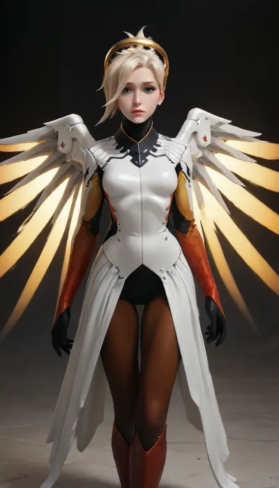 masterpiece, best quality, high resolution, hires, score_9, score_8_up, score_7_up, score_6_up, (Mercy:1.6), white skin tight leather top armor, black leggings, black leather boots, white metal angel wings, white metal helo, short blond hair, narrow face, slim body, short neck, medium breasts, showing off outfit, incase style, ratatatat74, <lora:287175_training_data:2>, <lora:ratatatat74-000050:2>