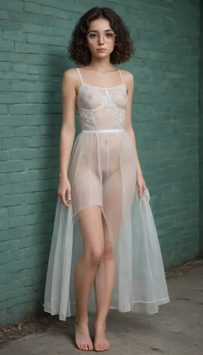 Full body, (((The whole body is visible))), nude, very translucent dress, sexy pose, (empty loft, (green bricks wall)), tiptoe walking, (((round thin-rimmed glasses))), (((narrow low face))), cute face, Super realistic, perfect lighting, (best shadow), 8K, UHD, clear image, (best lighting), highest quality, ultra-detailed images, fine details, high resolution, 8k, (skinny waist), (skinny), Euro-American, perfect natural tits, small tits, armpit, (22 years old), bright honey eyes, dark brown hair, curly, very detailed face, face freckles, blush, pale white skin, little curly pubic hair, tt_flat, BJ_Oxygen, krnpp, <lora:reallora1:.8>, <lora:Oxygen girl_SDXL1.0:.8>, <lora:karina_sdxl_v10:.5>