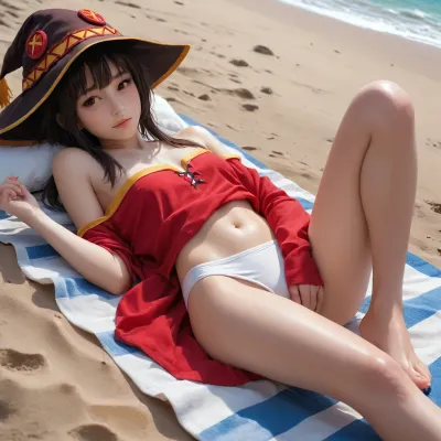 score_9, score_8_up, score_7_up, score_6_up, short Megumin pads her flat chest, Megumin is sunbathing on the beach on the sand, her body completely visible from head to toe, spread, <lora:Microwaist_XL_v01:1>
