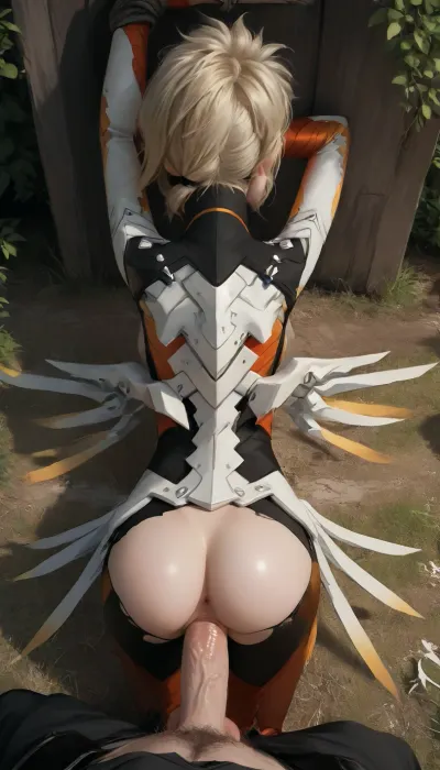 masterpiece, best quality, high resolution, hires, score_9, score_8_up, score_7_up, score_6_up, (Mercy:1.6), white skin tight leather top armor, black leggings, black leather boots, white metal angel wings, white metal helo, armor ripped off, leggings ripped open, short blond hair, narrow face, slim body, short neck, medium breasts, restrained, ball gagged, tied up, arms tied behind back, legs tied up, bent over pinned on the ground, Mercys face is pinned to the ground, Mercy's back is arched, ass in the air, perky nipples, hairy blond pussy, big bush, top view, werewolf partly out of frame, gigantic furry wolf cock, full pussy penetration, Mercy fucked doggystyle by a werewolf, doggystyle, incase art style, ratatatat74, hanunuewolf, <lora:287175_training_data:1.3>, <lora:ratatatat74-000050:1.6>, <lora:hanunue v1 20ep:1.2>