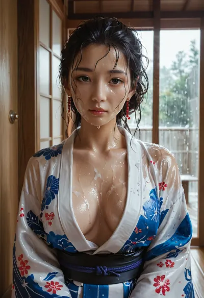 Ana de Armas, kimono-style robe open leaving a neckline to the waist, wet body after a shower, wet hair, wet face, room with Japanese decoration, 7-JapaneseArchitecture, <lora:Japanese Architecture v1.0:.8>