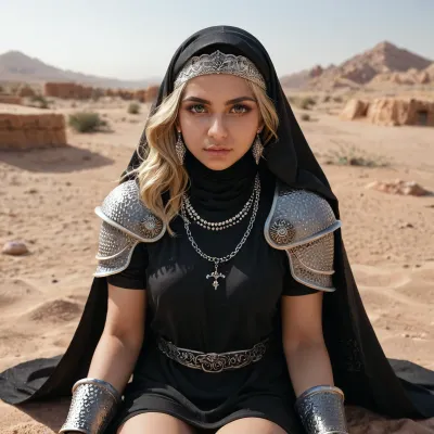 blonde girl, black tunic, decorated metal shoulder pads, chainmail wrist guards, black hijab with cape, silver headband, silver necklaces, sitting in the desert, looking at viewer