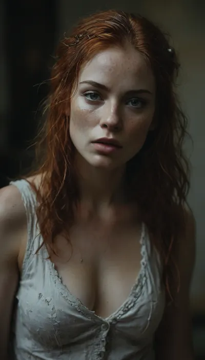 full body view with the face of a young woman in the focused foreground, 22 years old, kneeling in front of the viewer, full of anticipation and submissively waiting for their ejaculation. messy fiery red hair, Her face reflects passion, lust, and desire. Her tongue moistens her lips, green eyes, she moans softly, intoxicated by so much sexual stimulation. Photorealistic skin, freckles, beads of sweat on her forehead and upper lip, ecstasy, joy, and lust, (shallow depth of field:1.7), FRESHIDEAS, Real, Photography, 2#, Black, and, white, art, black, shading, charcoal, toned, brutal, dark, b/w, color, scheme, <lora:FRESHIDEAS Real Photography 2#:.8>, <lora:Black and white art.V1:.8>, <lora:MJ52:.4>