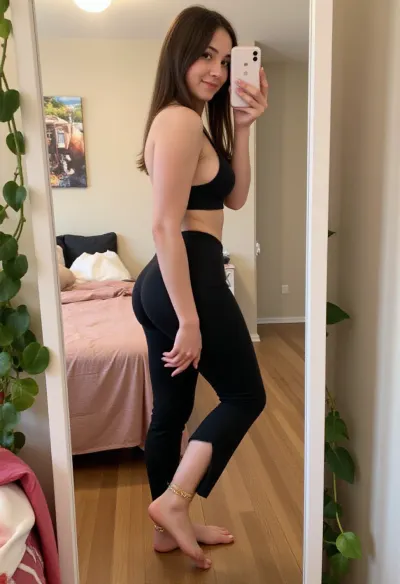 Teasing mirror selfie in profile featuring a muscular thicc 25 year old college coed body builder wearing yoga pants turned sideways to show off her spectacularly round ass posing effortlessly with a hand on her hip., ((prominent feet)), Her tidy dorm room has a modern aesthetic, with a large mirror, pink bedsheets, many plants and, (ivy vines), . soft lighting enhances the pastel colors around her. The angle of the shot is slightly tilted, capturing a laid-back, amateur influencer-inspired vibe ., (gold anklets), (holding iphone), <lora:Gold_Anklets__Feet:.999> Teasing mirror selfie in profile featuring a muscular thicc 25 year old college coed body builder wearing yoga pants turned sideways to show off her spectacularly round ass posing effortlessly with a hand on her hip., ((prominent feet)), Her tidy dorm room has a modern aesthetic, with a large mirror, pink bedsheets, many plants and, (ivy vines), . soft lighting enhances the pastel colors around her. The angle of the shot is slightly tilted, capturing a laid-back, amateur influencer-inspired vibe ., (gold anklets), (holding iphone), <lora:Gold_Anklets__Feet:.999>