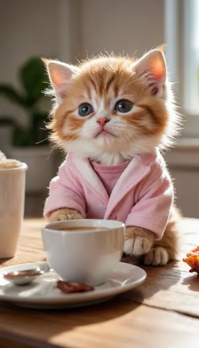 5000000010.309, A cute fluffy kitten in pajamas is sitting at a table with a cup of coffee and bacon and egg-glaze on it, surrounded by a sunny morning. The kitten, has cute and fluffy fur and looks very sleepy. His little hands are supporting his head, creating a super realistic high definition photographic effect with natural light and shadow in a cute style. The photo was taken with a Canon EOS R6 camera with hyperditalization