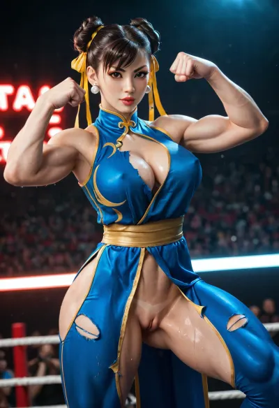 A hyper-realistic erotic fantasy scene of Chun-Li in a seductive fighting pose., (vagina on display), Her powerful legs are highlighted in a high kick, muscles toned and glistening with sweat under cinematic lighting. Her torn blue qipao clings tightly to her curves, sliding up to reveal more of her thighs, with fabric slightly ripped in provocative ways. The outfit exposes teasing hints of cleavage, straps falling loose as she moves with strength and grace. Her expression is both fierce and irresistibly seductive, lips slightly parted, eyes locked with a daring gaze. Her hair buns are slightly undone, adding a wild and untamed look. The background is an arena bathed in neon lights and mist, blending danger, eroticism, and power — a vision of Chun-Li as both warrior and sensual icon.
