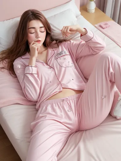 Sleeping girl, 18 years old, realistic, she is wearing long pants, she is wearing pink pajama, brown hair