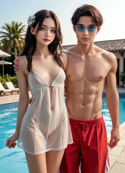 detailed, 18 years old skinny beauty, long hair, black hair, thin body, toned body, natural skin texture, small breasts, wearing translucent plain white short dress, no bra, no panties, white flower on hair, wearing large circular blue shades, 25 years old Chinese athletic man, man has short hair, man is topless, man in maroon swim trunks, woman dress pulled down to reveal breasts, man hugs woman from behind, wide view, camera far from couple, side of swimming pool, sunset, shu7, <lora:Shu7_XL_0_:2>
