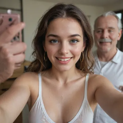 Selfie of 2persons, 1 girl, much cum on her face, 1 very old man, smiling