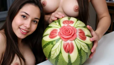 Beautiful Thai woman, long straight black hair, firm medium sized breasts, (sexy dress:1.7), huge deep cleavage exposes part of nipple, at carving contest, carving with special carving knife, ((Carved watermelon with detailed rose flowers and leaves)), carving, hyper-realism Bright even lighting, studio light, Front view and slightly above, close-up Detailed carving, bright colors, freshness, artwork