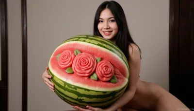 Beautiful Thai woman, long straight black hair, firm medium sized breasts, (sexy dress:1.7), huge deep cleavage exposes part of nipple, at carving contest, carving with special carving knife, ((Carved watermelon with detailed rose flowers and leaves)), carving, hyper-realism Bright even lighting, studio light, Front view and slightly above, close-up Detailed carving, bright colors, freshness, artwork