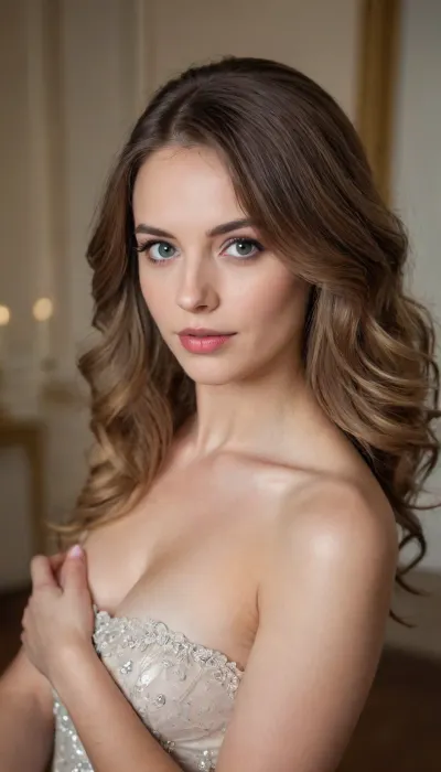 Молодая блондинка в темном подземелье с красной подсветкой, одета в белую рубашку и длинные черные брюки, ее рубашка расстегнута и под ней черный лифчик, ее руки связаны, она висит на веревках, привязана к потолку, выглядит униженно и устало, смотрит на зрителя со страхом