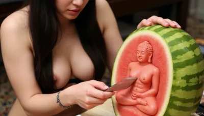 A beautiful Thai woman with long, straight black hair, firm medium-sized breasts, (sexy dress:1.7), huge deep neckline revealing part of her nipples, at a carving competition, carving with a special carving knife, (carving a figure of a meditating Buddha out of a watermelon), carving process, carving, hyperrealism Bright, even lighting, studio lighting, view from the front and slightly above, close-up Detailed carving, bright colors, freshness, work of art