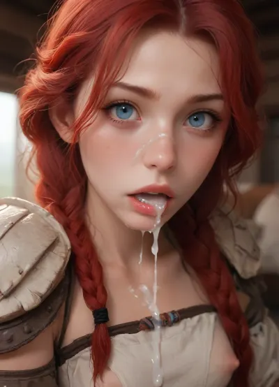 masterpiece, best quality, high resolution, hires, score_9, score_8_up, score_7_up, score_6_up, (Aloy:1.4), detailed face, detailed eyes, solo, long red hair braided on two sides, primitive native American brown cloth outfit with white metal outlining, cloth bra, white metal arm armor, white metal leg armor, clothes moved up to show breasts and pussy, long red hair, nerrow face, broad shoulders, thick body, small breasts, perky nipples, bright red pussy hair, thick thys, Aloy laying flat legs out on the center of a table looking at the directly at the viewer, alot of cum on face, mouth open wide, tongue sticking out, cum in mouth, (mouth overflowing with cum), cum poring out of mouth, in a primitive village, close up side view, incase style, ratatatat74, fantasy, woman, cum, on, face, <lora:287175_training_data:1.5>, <lora:ratatatat74-000050:1.4>, <lora:JustCum:1.3>