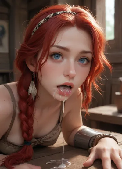 masterpiece, best quality, high resolution, hires, score_9, score_8_up, score_7_up, score_6_up, (Aloy:1.4), detailed face, detailed eyes, long red hair braided on two sides, primitive native American brown cloth outfit with white metal outlining, cloth bra, white metal arm armor, white metal leg armor, clothes moved up to reavil breasts and pussy, long red hair, nerrow face, broad shoulders, thick body, small breasts, perky nipples, bright red pussy hair, thick thys, Aloy laying flat legs out on the center of a table looking at the directly at the viewer, alot of cum on face, mouth open wide, tongue sticking out, cum in mouth, (mouth overflowing with cum), cum poring out of mouth, in a primitive village, close up side view, incase style, ratatatat74, fantasy, woman, cum, on, face, <lora:287175_training_data:1.5>, <lora:ratatatat74-000050:1.4>, <lora:JustCum:.8>