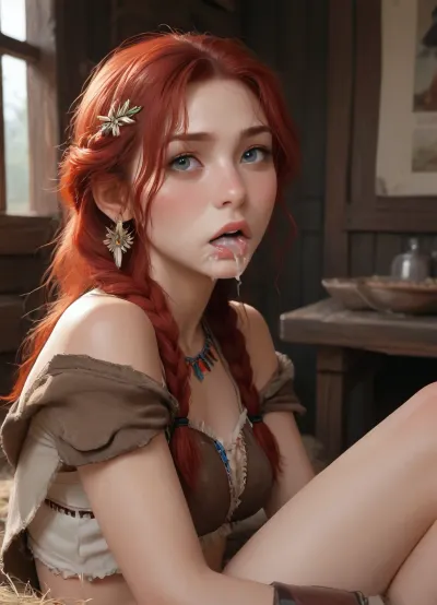 masterpiece, best quality, high resolution, hires, score_9, score_8_up, score_7_up, score_6_up, (Aloy:1.4), detailed face, detailed eyes, long red hair braided on two sides, primitive native American brown cloth outfit with white metal outlining, cloth bra, white metal arm armor, white metal leg armor, clothes moved up to reavil breasts and pussy, long red hair, nerrow face, broad shoulders, thick body, small breasts, perky nipples, bright red pussy hair, thick thys, Aloy laying flat legs out on the center of a table looking at the directly at the viewer, alot of cum on face, mouth open wide, tongue sticking out, cum in mouth, (mouth overflowing with cum), cum poring out of mouth, in a primitive village, close up side view, incase style, ratatatat74, fantasy, woman, cum, on, face, <lora:287175_training_data:1.5>, <lora:ratatatat74-000050:1.4>, <lora:JustCum:.8>