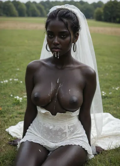 my wife, beautiful woman, 25yo, curvy body, big round boobs, short acro hairy, (ultra black skin:1.9), .break., my wife wearing a wedding dress, boobs out of dress, naked nipples, sitting on the grass, White cum on her boobs, cum dripping from mouth, a lot of cum, eccessive cum
