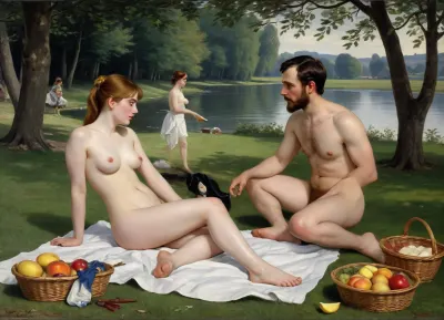 "Breakfast on the grass"—a painting by the French artist Edouard Manet, painted in 1863. two fully clothed men seducing a beautiful naked woman, a bathing girl in the background in nature, and a naked woman shamelessly looking directly at the viewer, the style of the painting breaks with the academic traditions of the time. The harsh "photographic" light eliminates semitones, and the men are dressed like dandies. They're so engrossed in the conversation that they don't seem to notice the women at all. In front of them lie discarded women's clothes, a fruit basket and round bread. In the background, a second woman in light clothes washes in the river. The painting puzzles with the "wrong" perspective, an excessively large female figure in the background in an autonomously illuminated, unreal space. The background of the painting lacks depth, giving the impression that the whole scene is not taking place in nature but in a studio. This impression is enhanced by the light, which gives almost no shadows. 16K resolution photorealistic rendering., Stable-Yogis-Makeup-Enhancer-XL