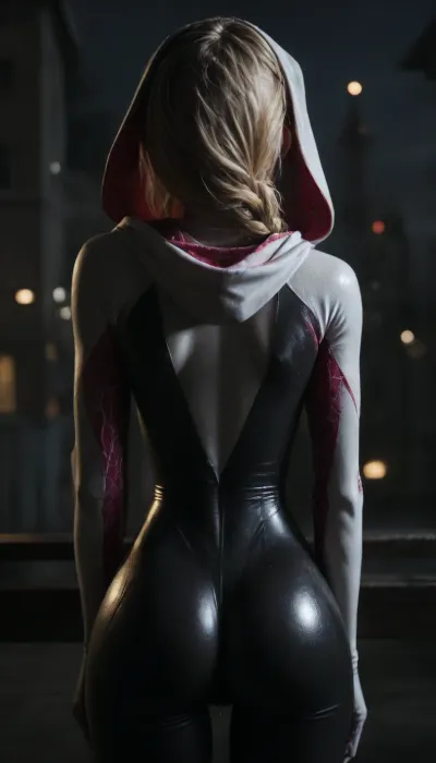 night, clear weather, (((18 years old))), (((young))), (shy and embarrassed:1.4), (spider girl Gwen Stacy), Braided side Side Cornrows Hair, (tight outfit), (athletic body:1.5), hood on head, (hip gap:1.3), wide hips, (narrow waist:1.4), (blonde with pink strands), (full rear view:2), climbs to the roof of a high-rise building, (makeup), New York day, ((pussy cameltoe:1.4)), (shining wet clothes), (makeup:1.2), (oiled skin:1.5), (wet shining tight bodysuit:2), hand, 1girl, (athletic ass:1.6), (medium natural breast:1.5), (high detailed face:1.5), dim lights, (hard nipples:1.3), (chiaroscuro lighting:.3), <lora:HandFineTuning_XL:1>, <lora:MGLRbodysuit_sdxl:.6>, <lora:uberfit_lora_sdxl:.4>, <lora:dark:.3>
