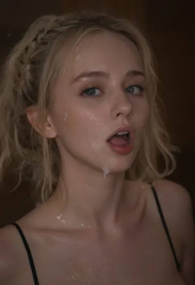 score_9, score_8_up, score_7_up, Create breathtaking 8k high resolution picture, closeup face petite supermodel, slim arms, 21-year old skinny pale girl, with light blonde, two thick wet braided Dutch braids placed over the shoulder, Several hair ties in braids, hair clips, beautiful blue eyes, expensive black ruffled bra, tits sticking out, (wearing expensive black ruffled transparent wet panty hose), Subtle freckles, open mouth, completely messy smeared makeup, messy lipstick, smeared black eyeliner, smeared maskara, facial expression, disgusted, o-face, Ahegao-face, cute looking, rolling eyes, several massive facial, cum in mouth, cum in hair, cum on bra, mouth brimming, full of cum, making her vomit, cum flows from face holding big round transparent glass bowl full of liquid cum with both hands directly under her chin, drinking cum running from face in bowl, drinking cum from bowl, swallowing cum, facial, pussy Squirting juice to floor, (bukkake, hard cocks slap her face, spreading cum to face), facialized, superfacialized, many cocks slapping face, cocks spreading cum, cocks spraying cum in face, tongue, out, ahegao, drool, woman, on, face, <lora:ahegao_mr_chrisma:1.5>, <lora:JustCum:2>