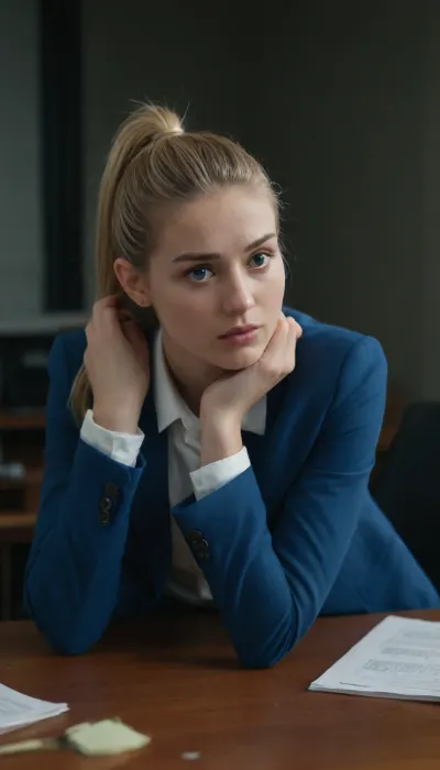 a girl with blonde hair, with her hair pulled back in a ponytail, very tall, slender, (fully clothed:1.5), in blue trousers, a blue jacket and a white blouse, stands at the table, leaning forward and leaning on it with her elbows, palms on the table, head lying cheek on the table, in In the office, she is very scared and nervous because she made a mistake in calculations and understands that now she will be scolded. The camera captures her from behind, ((view rear:1.6))
