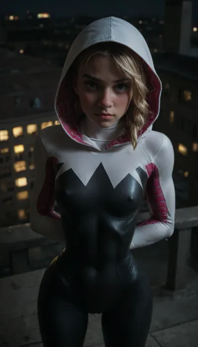 night, clear weather, (((18 years old))), (((young))), (shy and embarrassed:1.4), (spider girl Gwen Stacy), Braided side Side Cornrows Hair, (tight outfit), (athletic body:1.5), hood on head, (hip gap:1.3), wide hips, (narrow waist:1.4), (blonde with pink strands), (view from front and above:1.6), climbs to the roof of a high-rise building, (makeup), New York day, ((pussy cameltoe:1.4)), (shining wet clothes), (makeup:1.2), (oiled skin:1.5), (wet shining tight bodysuit:1.8), hand, 1girl, (athletic ass), medium natural breast, (high detailed face:1.5), dim lights, (hard nipples:1.3), (chiaroscuro lighting:.3), <lora:HandFineTuning_XL:1>, <lora:MGLRbodysuit_sdxl:.6>, <lora:uberfit_lora_sdxl:.4>, <lora:dark:.3>
