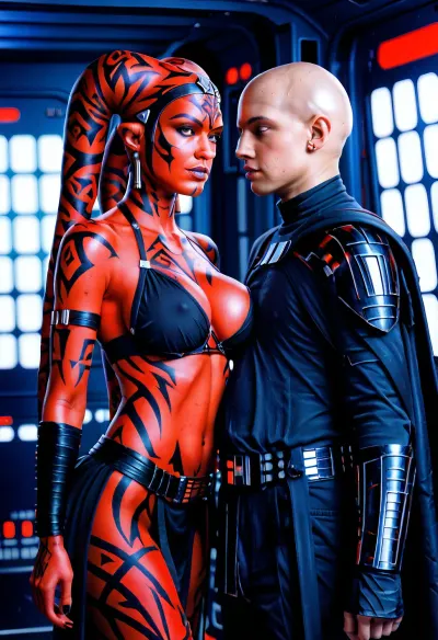 Uber realistic, 8k, ultra detailed, masterpiece, (beautiful_face:1.5), (darth_talon:1.5), star wars, (twilek:1.5), (red_skin:1.5), bald, (large_breasts:1.5), red lightsiber in her right hand, full_body, Male, Twi'lek, Female, <lora:twi'lek:.8>