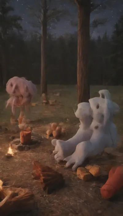 woman standing inside huge campfire covering her legs, (hands behind back), forest, (night:2), facing forward, (leaning back to bare tree trunk), ((campfire 5 feet wide and 3 feet tall), , :2)