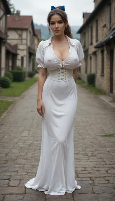 French, 25+, Voluptuous, Massive Breast, erect nipples, huge Bubble butt, Long length, Ponytail, Cleavage, Messy Hair, Thick Thighs, Waist Shot, Medieval, European Village, Soft Shadow, cosplay belle from beauty and the beast, big blue hairbow, restrained, arms behind back, extremely hyper ample cleavage, deep clevage, exaggerted wasp waist, humongous breasts, breasts squeezing shirt, breasts stretching dress to its limits, her breasts are obviously way too big for dress, her dress is squeezing her huge breasts extremely tight, huge breasts about to bust out of dress, dress barely covers nipples, dream woman, extremely face