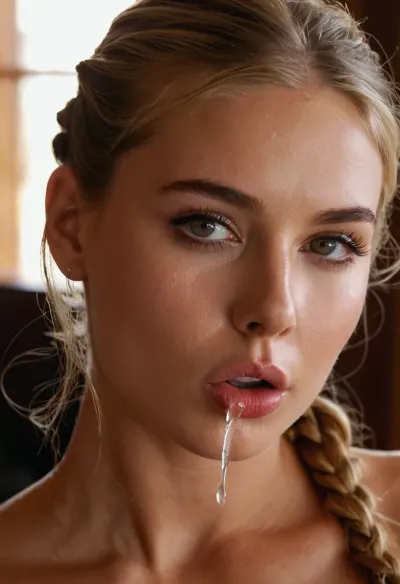 Create high quality picture with super high resolution, Camera closeup face, Outstanding Beautiful petite supermodel, 21-year old skinny girl, light blonde Side Braid Bun, glam Makeup, eyeliner, lipstick, full Lips, kissing, Defined nose, Long lashes, Glowing skin, Tender flushed cheeks, Upturned intense, luminous Eyes, fit, svelte, graceful, dainty Girl, Expensive silver jewelry, (Smoldering, Sultry, Alluring, Languid, Breathy gaze, begging, orgasmic face, cute looking, rolling eyes), (((massive facial, tons of cum. Flowing from mouth to chin))), cum on face, cum on hair, cum on legs, facial, open mouth, (location, expensive, modern glass lodge, light colors, Sunbeams penetrate through the bigglass window and illuminate body and hair from behind), (cum in mouth:1.3), Squirting from pussy, (bukkake, hard penises close around her face, penises spreading cum to face), (expensive black high-neck top, small tits contures visible through top, Pussy visible throgh wet slip), She sweats. bukkake, cum, facialized, superfacialized