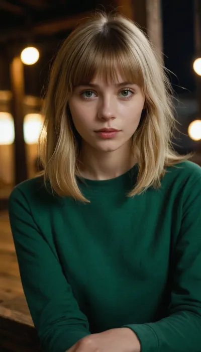 a young 20-year-old girl, Scandinavian appearance, student, skinny blonde with bangs, shoulder-length hair, flat chest, small stature, simple but sweet appearance, rustic appearance, snub nose, full lips, prominent cheekbones, kind sweet look, big eyes, in a green longsleeve, loose jeans, converse sneakersI came from the provinces to a big city