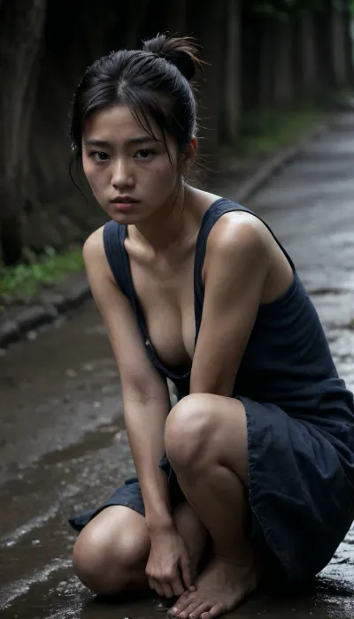 (public street), (Homeless), (asian face), (japanese face), (petite body type, Flat chested), (unwashed hair), (full body), (Unkempt hair), (black hair), (Hands in pockets), (Hairstyle bun), (150 cm Height), (Unwashed, dirty, sweaty), (dirty clothes), (dirty body), (unwashed body), (mude body), (Sweaty body), (torn clothes), (Sits), dirty jeans, dirty long sleeve, dirty Coat, Sits in mud, FACE, <lora:dark:.8>, jpn-girl, <lora:japanese_girl_v1.1:.8>