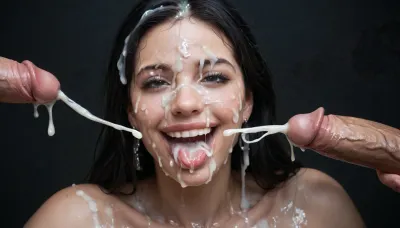 close up of a huge 15 inch white dick, masturbating, (ejaculation:1.7), cumshot into the wide open mouth of a mature curvy woman with white hair, happy, horny, sadistic grim, smiling, tongue sticking out, excessive cum dripping from tongue, black room, black background, (Cum details), realistic cum, Prominent cum, (white cum:1.7), cum on, (Cum flows:1.2), (cum on body:1.3), cum on head, (cum on face:1.3), bukkake, ((body covered with semen)), cum, face, Face covered in cum, (A lot of cum:1.5), <lora:JustCum:.7>, <lora:cum_in_eye_deepmind:.8>