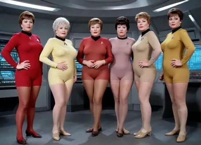 A crazy old photo of five different beautiful corpulent vintage Star Trek grannies, standing in a space ship command central from Enterprise in colored transparent nylon suits, have a wrinkled face, all in brown nylons and beige nylon knie socks, big bust extra large, plus size hanging breast, braless boobs, big nipples looks through very short transparent top, full body show in performance poses, photo-realistic picture, action cinema, studio