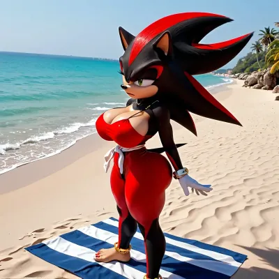 Genderbent Shadow the Hedgehog, 1girl, black fur, tan skin, massive round fake bimbo breasts, tanlines, hyper waist, huge fake bimbo ass, clothing extremely tight, shiny red and black thong bikini, on a sandy beach, red gloomy sunlight, arched back, pout, bimbo, clothing too tight, thick thighs, beach towel, front side view, dress around waist, very large pussy, (Anthro furry), (furry art), (Shadow the hedgehog), (Shadow the hedgehog Hair)