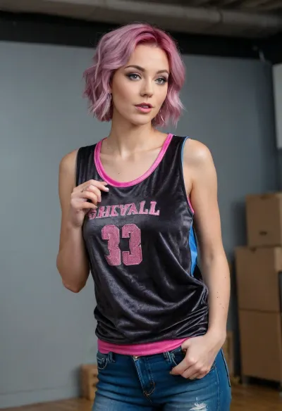 (masterpiece, best quality:1.2), 1 czech 30yo woman, famous singer, (she wears a long dark grey baggy shimmering velvet round neck sleeveless basketball jersey and jeans:1.4), indoors in a recording studio, (short wavy pink hair:1.2), bright blue eyes, (big earrings, golden necklaces, basecap:1.2), she is standing at a studio microphone and sings powerful and concentratedly, photorealism, <lora:681678_training_data:.5>