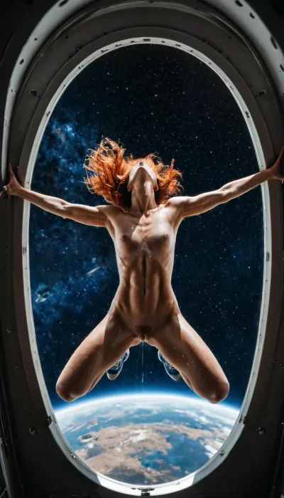 Photorealistic, masterpiece, full body view, woman is flying in zero gravity, in a spaceship, huge round window, dark space, milky way, her body is not touching the ground, she is naked, pointy nipples, (navy blue dildo deepthroat:1.2), eyes closed, toned muscles, flat chest, medium ass, redhead, trimmed pubic hair, pussy view, clear puicy juice, (clear pussy juice flying in zero gravity:1.2), photo studio indoor lighting, (sweaty body:1.3), after sex 8 inch gape anus