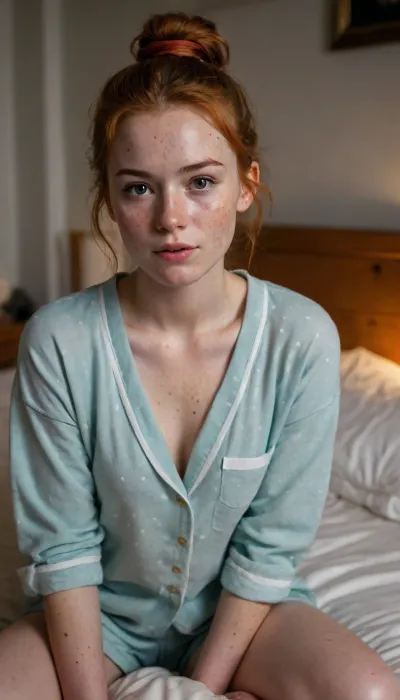 Very beautiful 25yo redhead with messy hairbun is in dark bedroom at night. She is wearing soft cozy pajamas, blouse and pants. You can see her full body, legs and feet. She feels cozy and a little shy., (((It is an amateur home-made photo))), . She is slightly chubby and very cute. Her face is perfectly accurate and ultra detailed. She looks very shy. She is very short. She is sitting on the edge of her bed. She has a super cute round face. She is very shy. It is dark in the room. Dim candle light. Very dark. She has very cute cheeks., ((She has freckles on her face)), . You can see her bare feet.