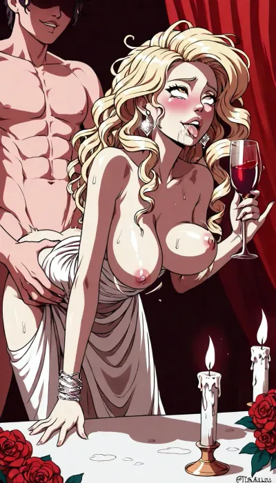beautiful blonde girl holding a glass of red wine, surrounded by the soft glow of candles and a cozy atmosphere. Bent over an elegant table with a white tablecloth, decorated with luxurious flowers, intense anal sex, mid-motion shot, head down, bouncing breasts, holding her waist, motion blur, She radiates elegance and tenderness, long curls frame her face, biting her lips, ahegao, ratatatat74, <lora:ratatatat74-000050:.8>, <lora:NEOTOKIOXL_0.2_RC:.8>, <lora:outline_xl_kohaku_delta_spv5x:.8>, lineart, line, art, flat, colors, color, <lora:lineartSDXL:.8>
