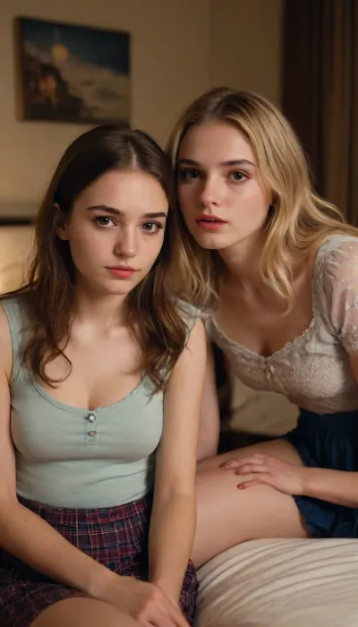 2 different 20yo girls enter your bedroom at night. They are very drunk. They are sitting on your bed. They are very pretty. They are fully clothed in modest clothes. Their faces are very detailed. They look sexy and seductive