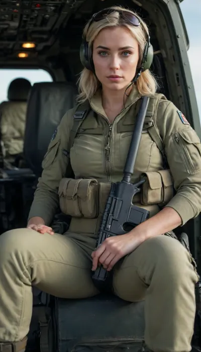 1 soldier woman, 8k, ultra detailed, soldier uniform, milf, wearing a battledress jacket, lacy bra, pilot tactical helmet with head gears, army boots, holding an assault rifle, attractive, sitting on the sidedoor of an army helicopter, wrinkles, 40 years old, blonde ponytail, green eyes, very thick battle army pants, picture taken with DSLR camera, realhips, french, (full body in view), wide jawline, square forehead, straight hair, pretty real eyes, high cheekbones, freckles