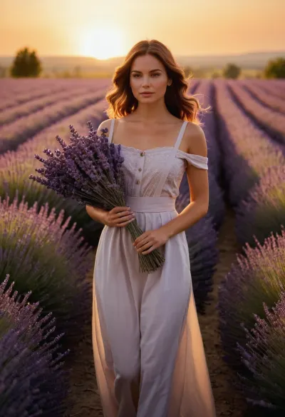 A young woman with brown hair, is depicted in a vast lavender field at sunset. She is positioned slightly off-center to the left side of the image, walking towards the right. She is holding a large bouquet of lavender, with her expression serene and peaceful, looking downward at the flowers. Her hair is styled in loose waves. She is wearing a light-grey/taupe overall style apron over a light-cream or white off-the-shoulder top. Her body type is slender, and her facial features are soft and delicate. The setting is a vast expanse of vibrant purple lavender bushes extending into the distance. The sunset is a warm and golden orange, reflected in the lavender and creating a soft, diffused light across the field. The overall style is realistic photo art, with soft shading, and a focus on creating a beautiful and serene atmosphere. The lighting is warm and soft, casting a golden glow over the scene, especially around the sun. The perspective is slightly above the woman, drawing the viewer into the scene. The composition is balanced, with the woman as the focal point within the lavender field, creating a sense of harmony and tranquility. The colors are vibrant and rich, with a strong emphasis on the lavender's various shades of purple.