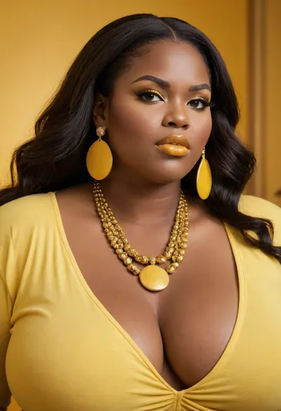 Disney art, African, oversized bbw milf, oversized thick thighs. Straight hair. diva makeup, yellow lipstick, yellow eyeshadow, long eyelashes. big earrings, necklace. wide decollete. fully clothed. Yellow background. View from side.