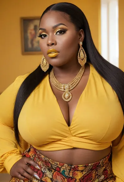 African, oversized bbw milf, oversized thick thighs. Straight hair. diva makeup, yellow lipstick, yellow eyeshadow, long eyelashes. big earrings, necklace. fully clothed. Yellow background. View from side.
