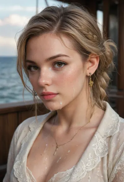 Ana de armas in a white antique lace shirt and pirate coat on the deck of a sail ship, short straight blonde hair with braid, brown eyes, freckles, half moon scar on cheek, the sea and an overgrown island in the background, fantasy, digital painting, studio lighting, unreal engine, octane render, bukkake, <lora:MS_Real_XL_Bukkake:.8>, woman, cum, on, face, <lora:JustCum:.8>, <lora:754990_training_data:.8>